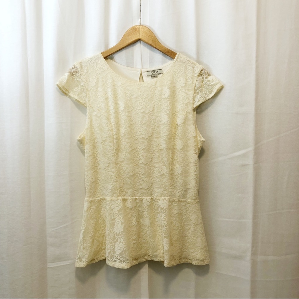 Guess cream lace button back peplum top L
